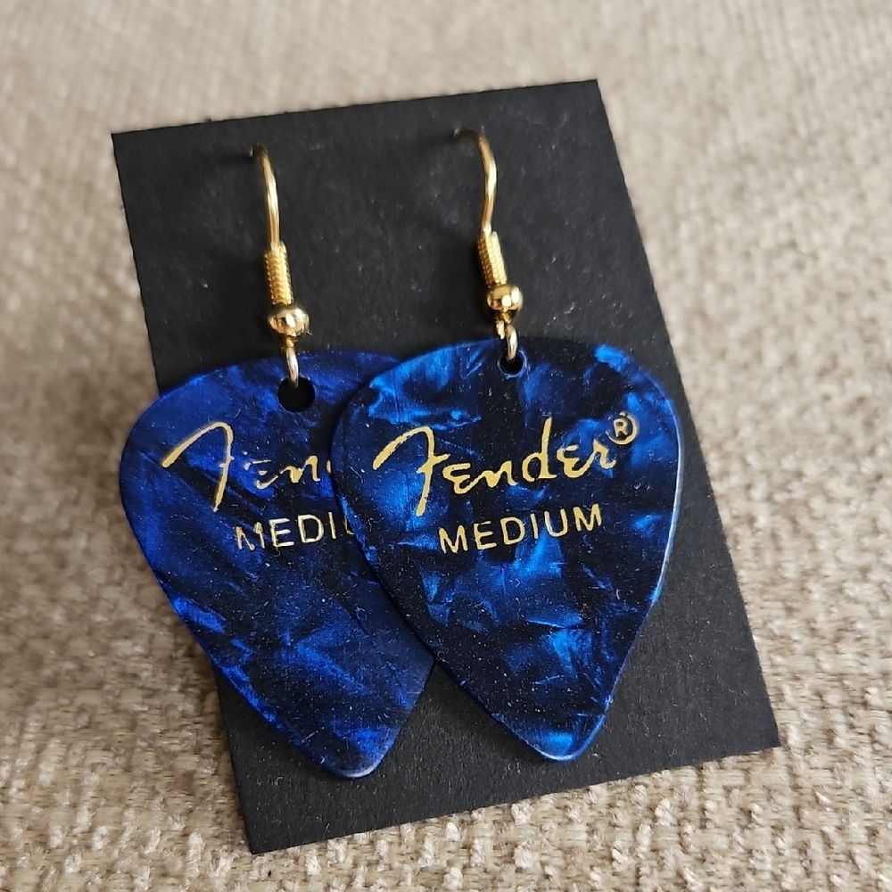 Fender Blue Pearl Guitar Pick Dangle Earrings with Gold Script
